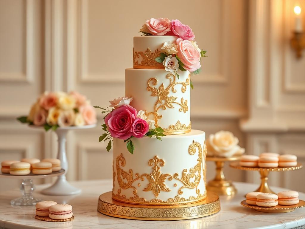 Bolo de casamento com detalhes dourados e macarons